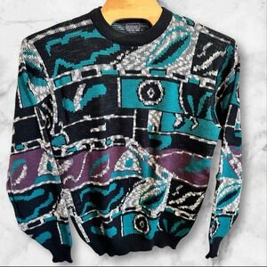 Vintage Boulevard Sweater Men LT  Blue Abstract Long Sleeve 80s Acrylic Pullover